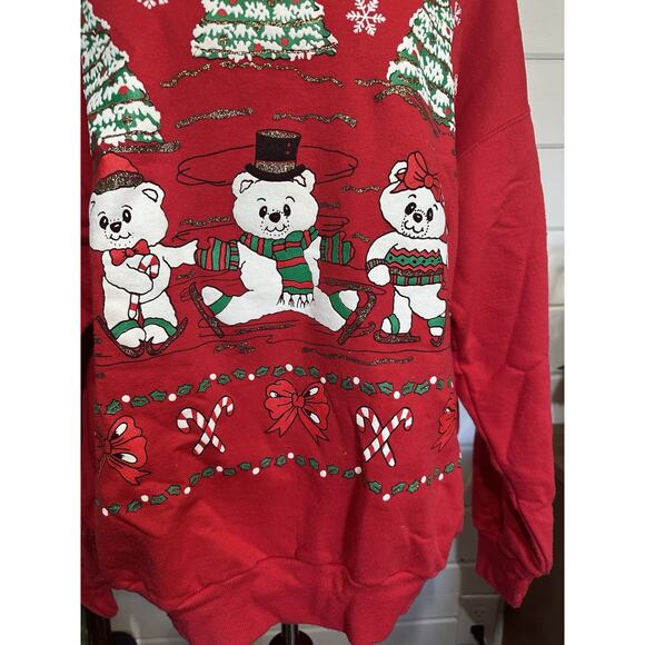 Vintage Holiday Puff Sweatshirt Ice Skating Bears Ugly Christmas Sweater XL - Picture 2 of 14